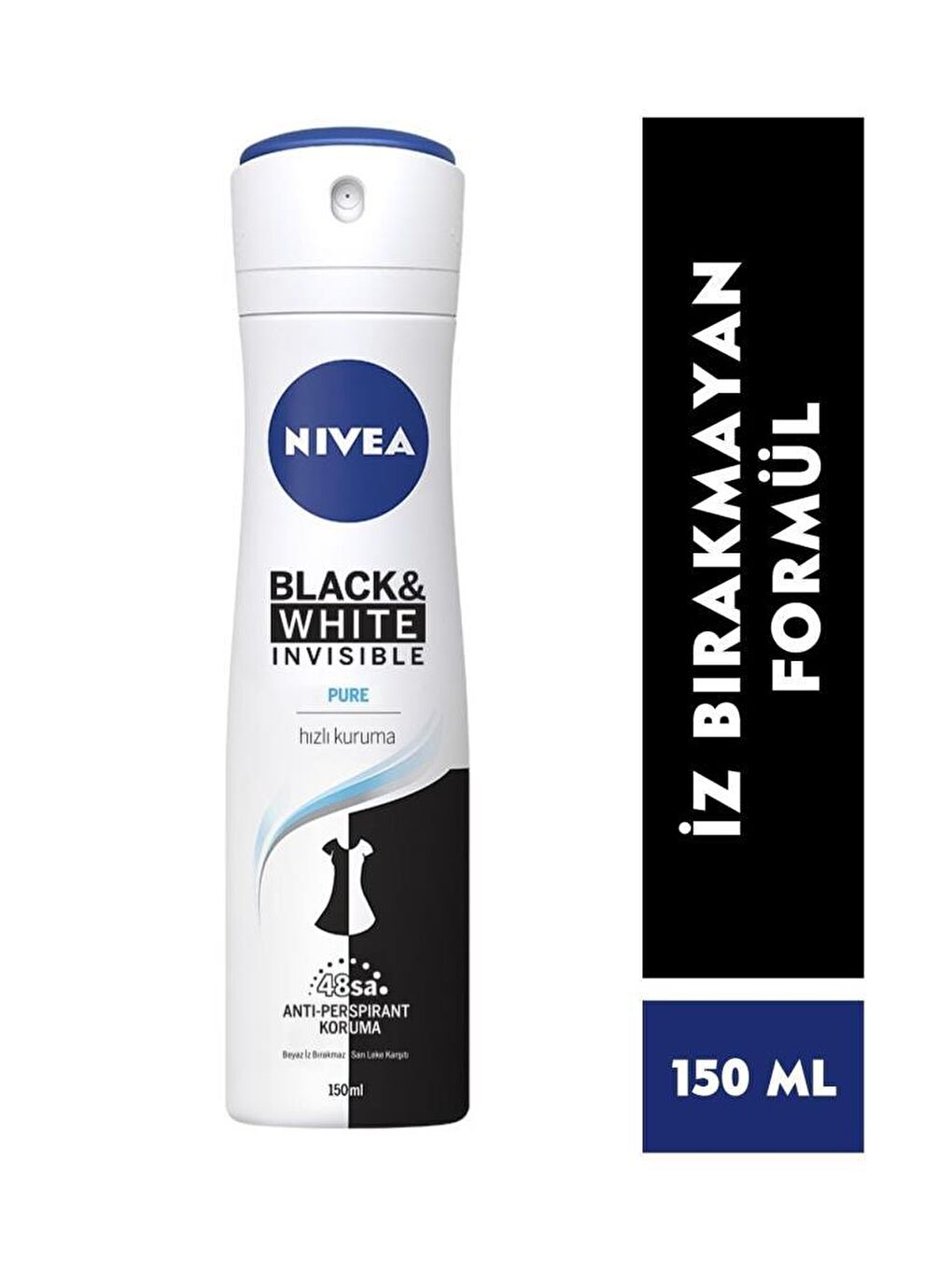 NIVEA Şeffaf Kadın Sprey Deodorant Black&White Invisible Pure 150 ml, 48 Saat Anti-Perspirant Koruma