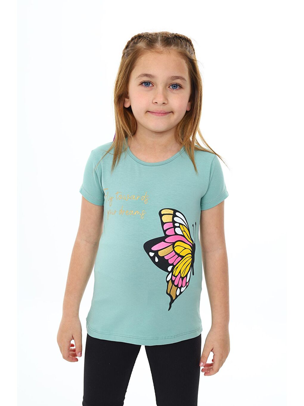 Yeşil Kız Çocuk Kelebek Baskılı T-Shirt 3-13 Yaş Zu107-1-1