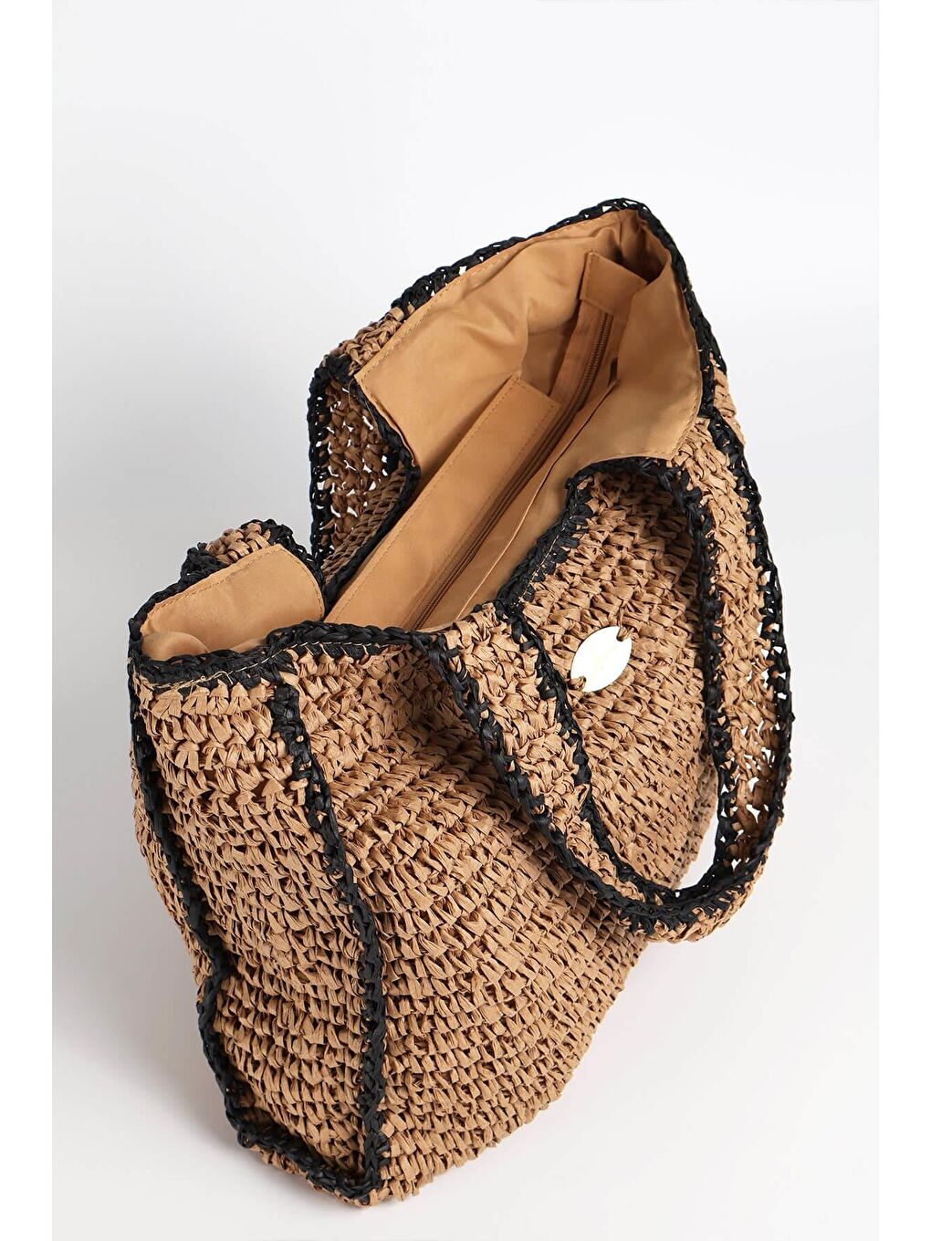 İmza Detaylı Çift Renk Kahverengi Siyah Örme Hasır Çanta 1041-2