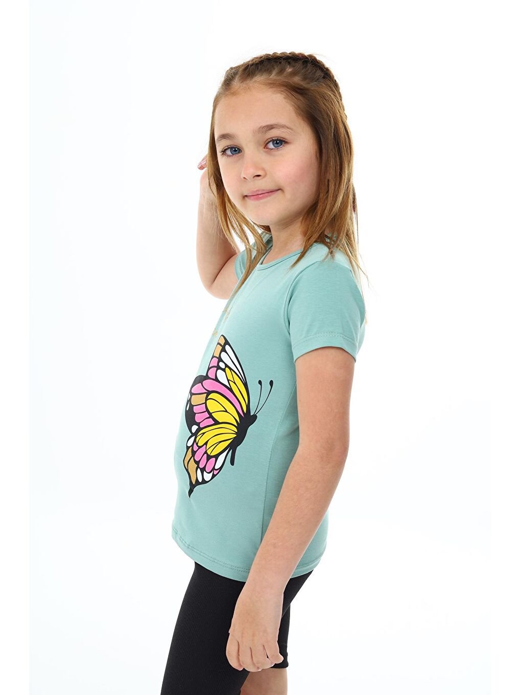 Yeşil Kız Çocuk Kelebek Baskılı T-Shirt 3-13 Yaş Zu107-1-2