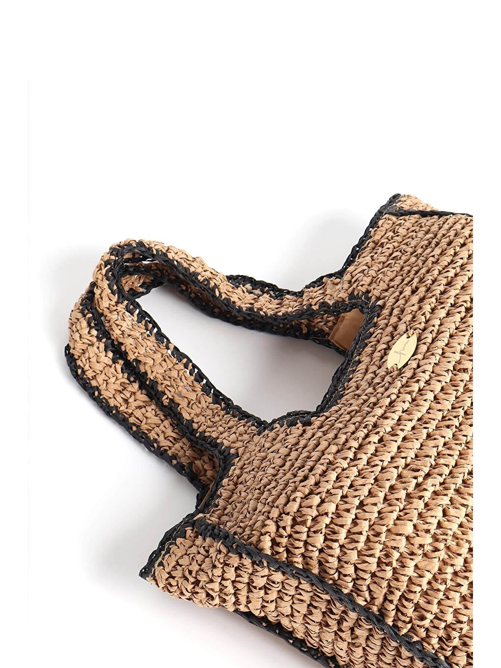 İmza Detaylı Çift Renk Kahverengi Siyah Örme Hasır Çanta 1041-3