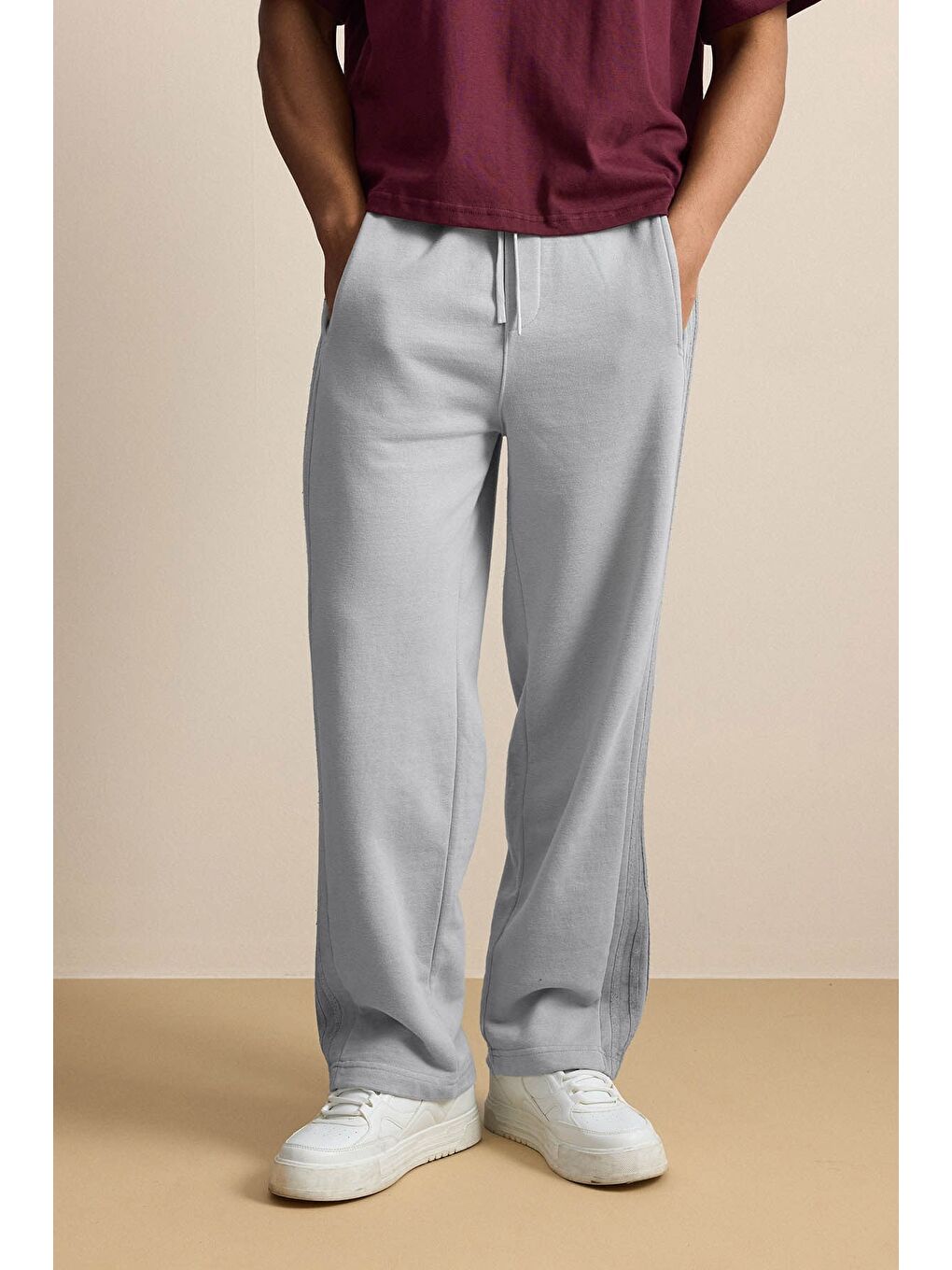 Erkek Baggy Fit Yan Şerit Fitilli Eşofman Altı Gri-2