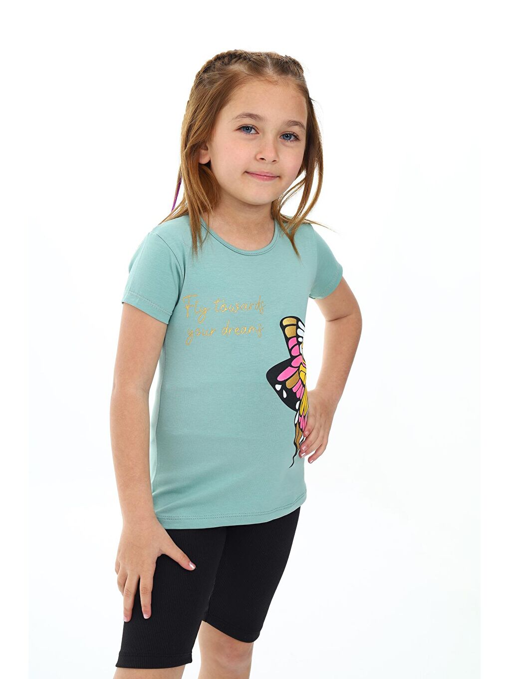 Yeşil Kız Çocuk Kelebek Baskılı T-Shirt 3-13 Yaş Zu107-1-3