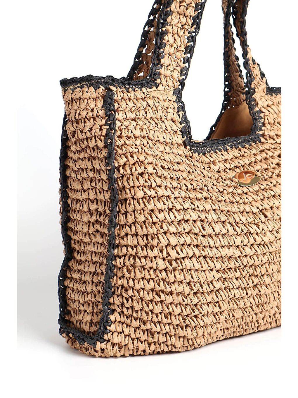 İmza Detaylı Çift Renk Kahverengi Siyah Örme Hasır Çanta 1041-4