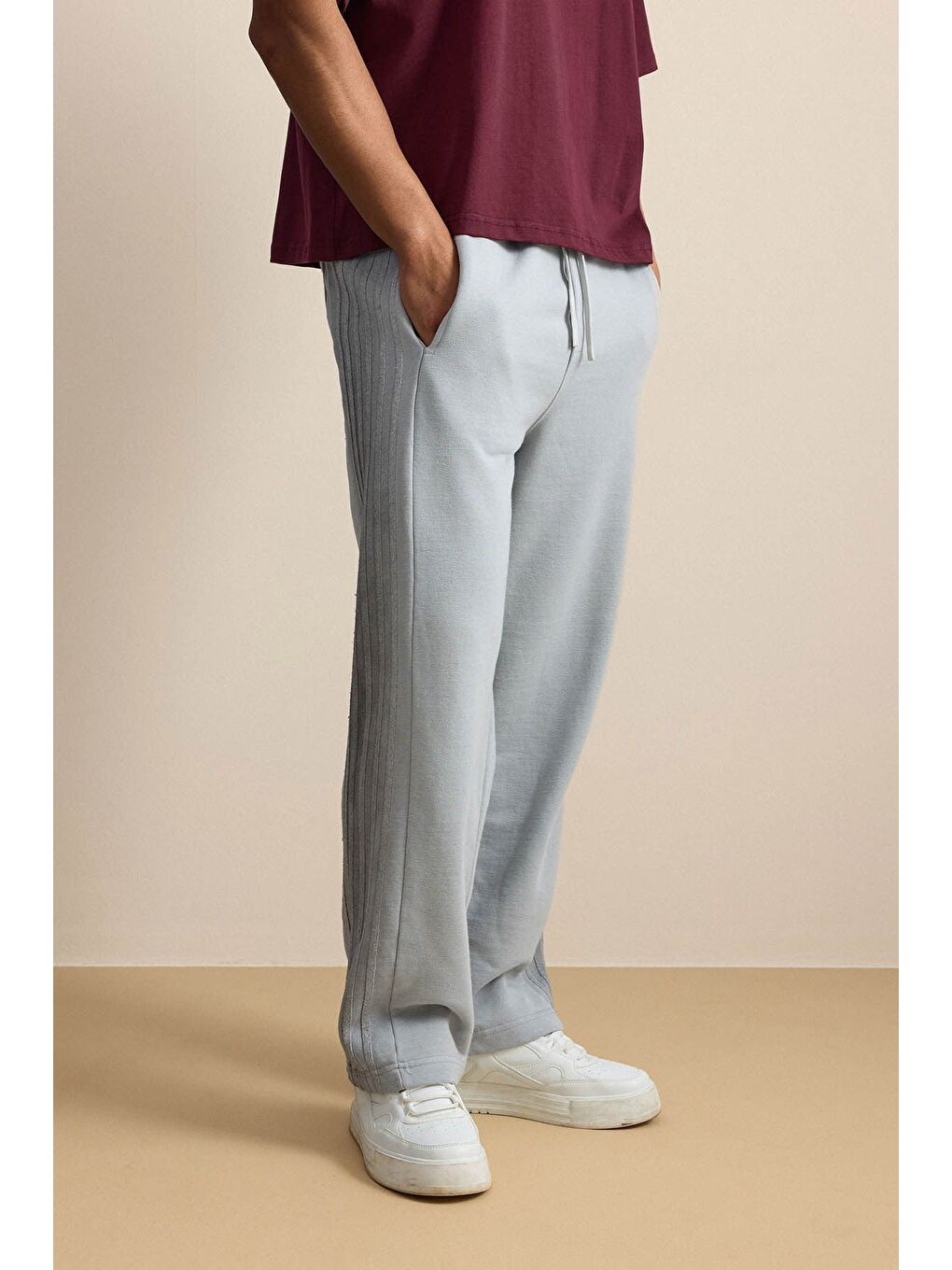 Erkek Baggy Fit Yan Şerit Fitilli Eşofman Altı Gri-4