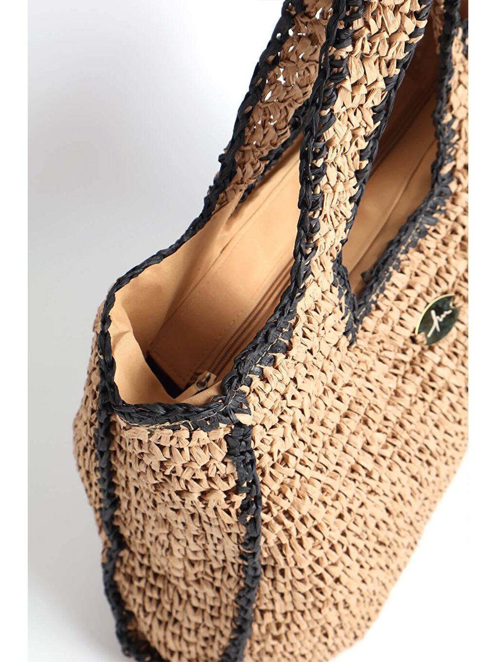 İmza Detaylı Çift Renk Kahverengi Siyah Örme Hasır Çanta 1041-5