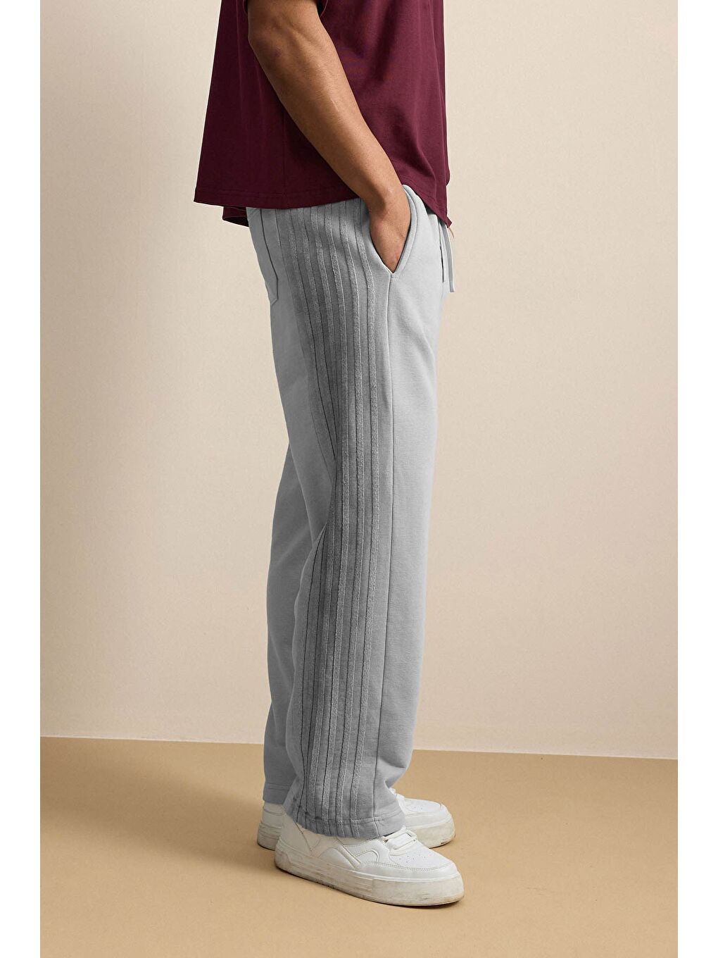 Erkek Baggy Fit Yan Şerit Fitilli Eşofman Altı Gri-5