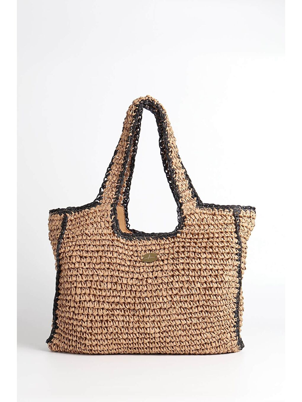 İmza Detaylı Çift Renk Kahverengi Siyah Örme Hasır Çanta 1041-6