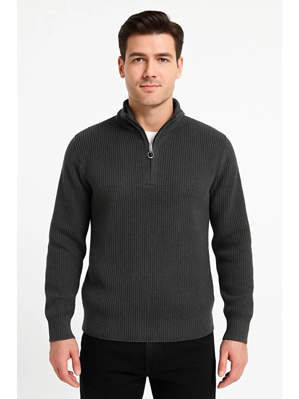 Gri Erkek Yarım Fermuarlı Triko Kazak-1