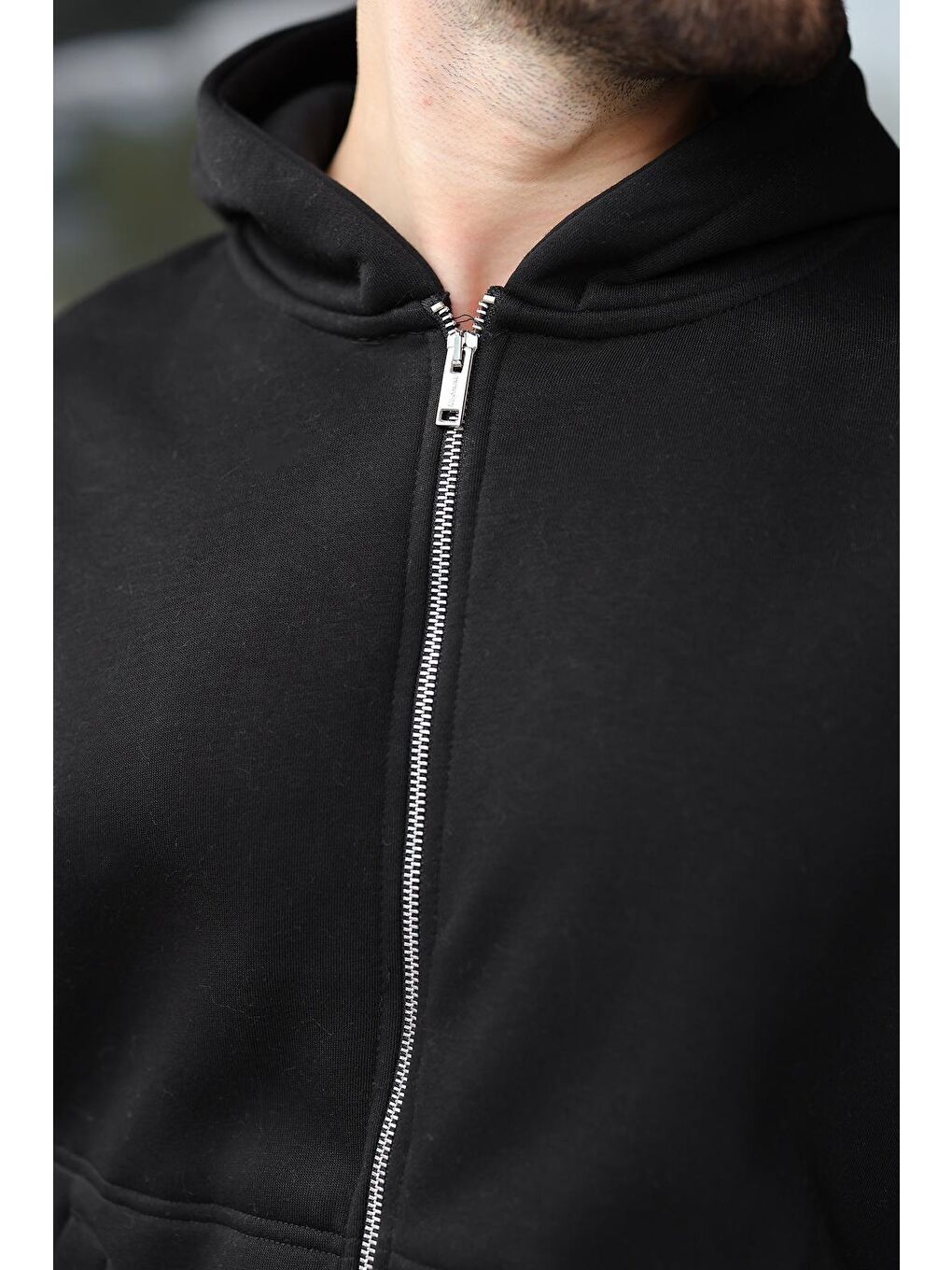 Siyah Fermuarlı Kapüşonlu Erkek Hırka E7174-1