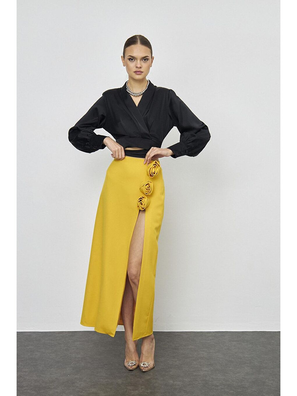 Sarı Gül Detaylı Tasarım Hardal Uzun Etek-1