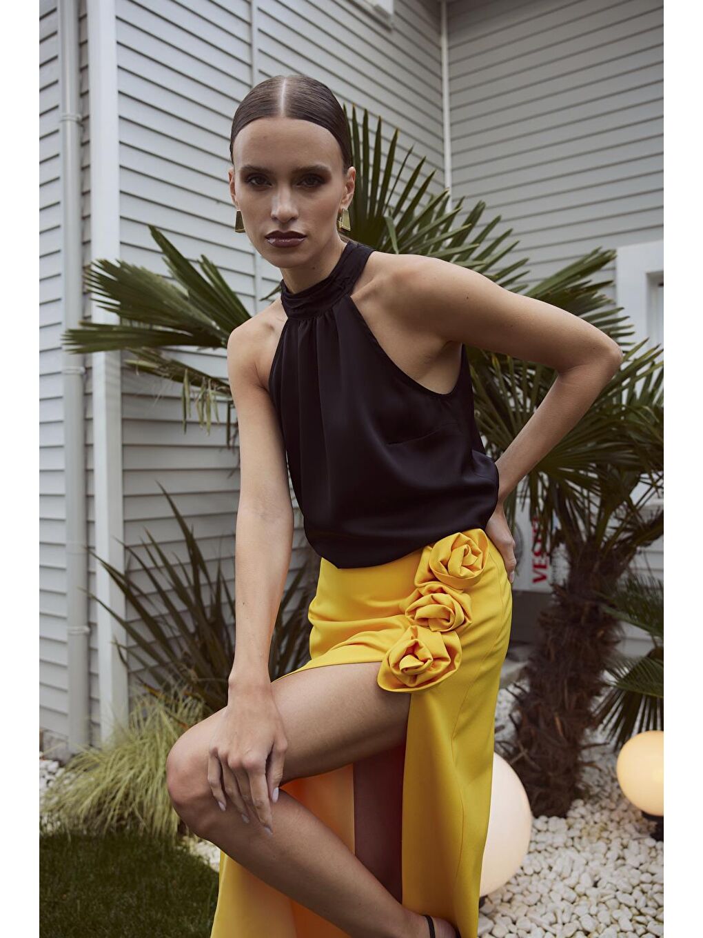 Sarı Gül Detaylı Tasarım Hardal Uzun Etek-2