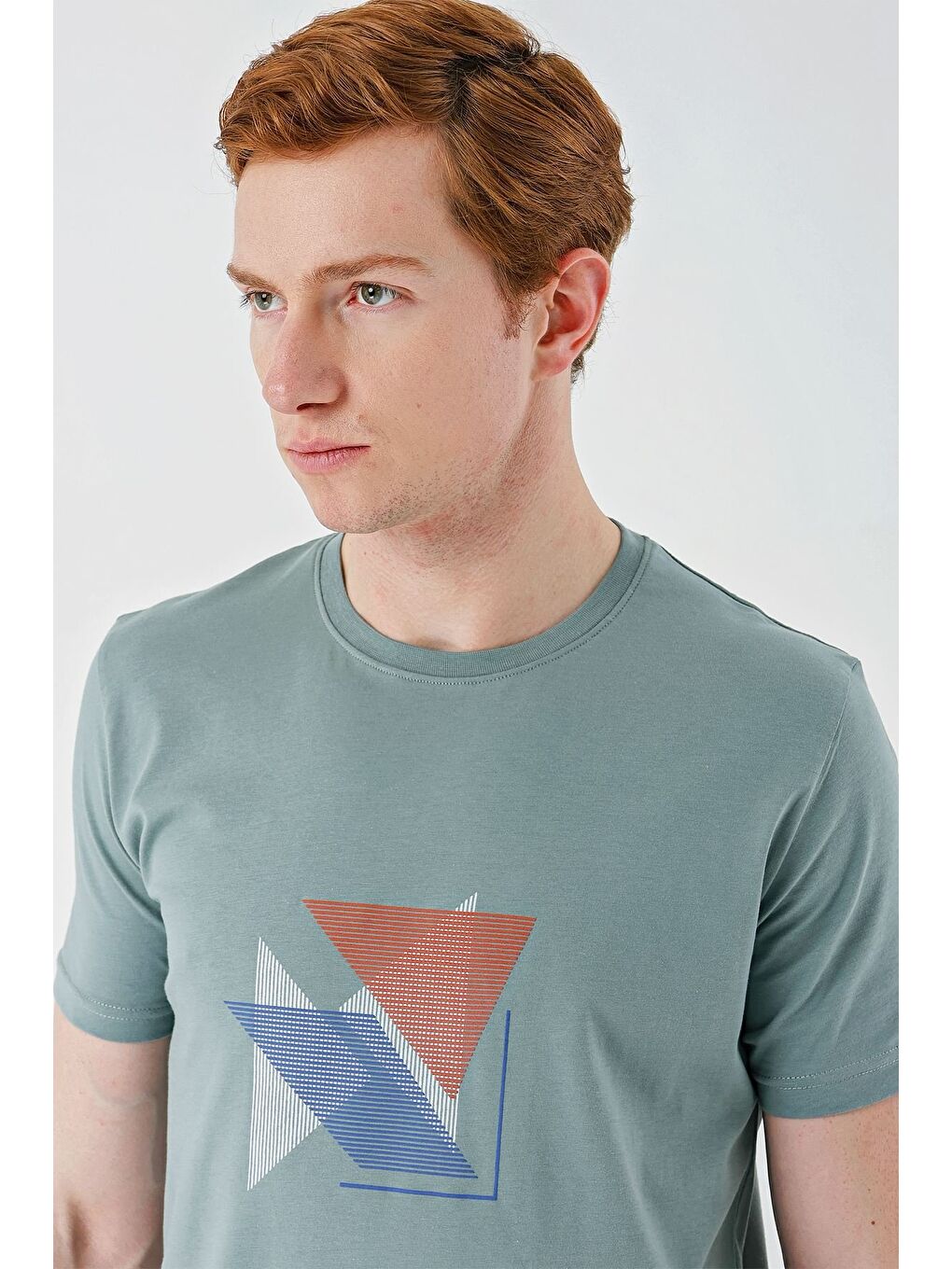 Koyu Yeşil Baskılı Bez Ayağı Bisiklet Yaka %100 Pamuk Casual Slim Fit Dar Kesim Tişört 1011240168-3