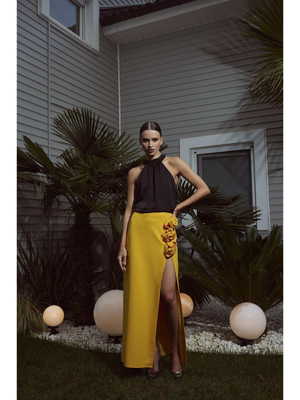 Sarı Gül Detaylı Tasarım Hardal Uzun Etek-3