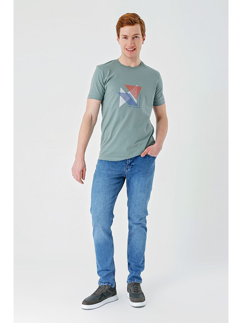 Koyu Yeşil Baskılı Bez Ayağı Bisiklet Yaka %100 Pamuk Casual Slim Fit Dar Kesim Tişört 1011240168-7