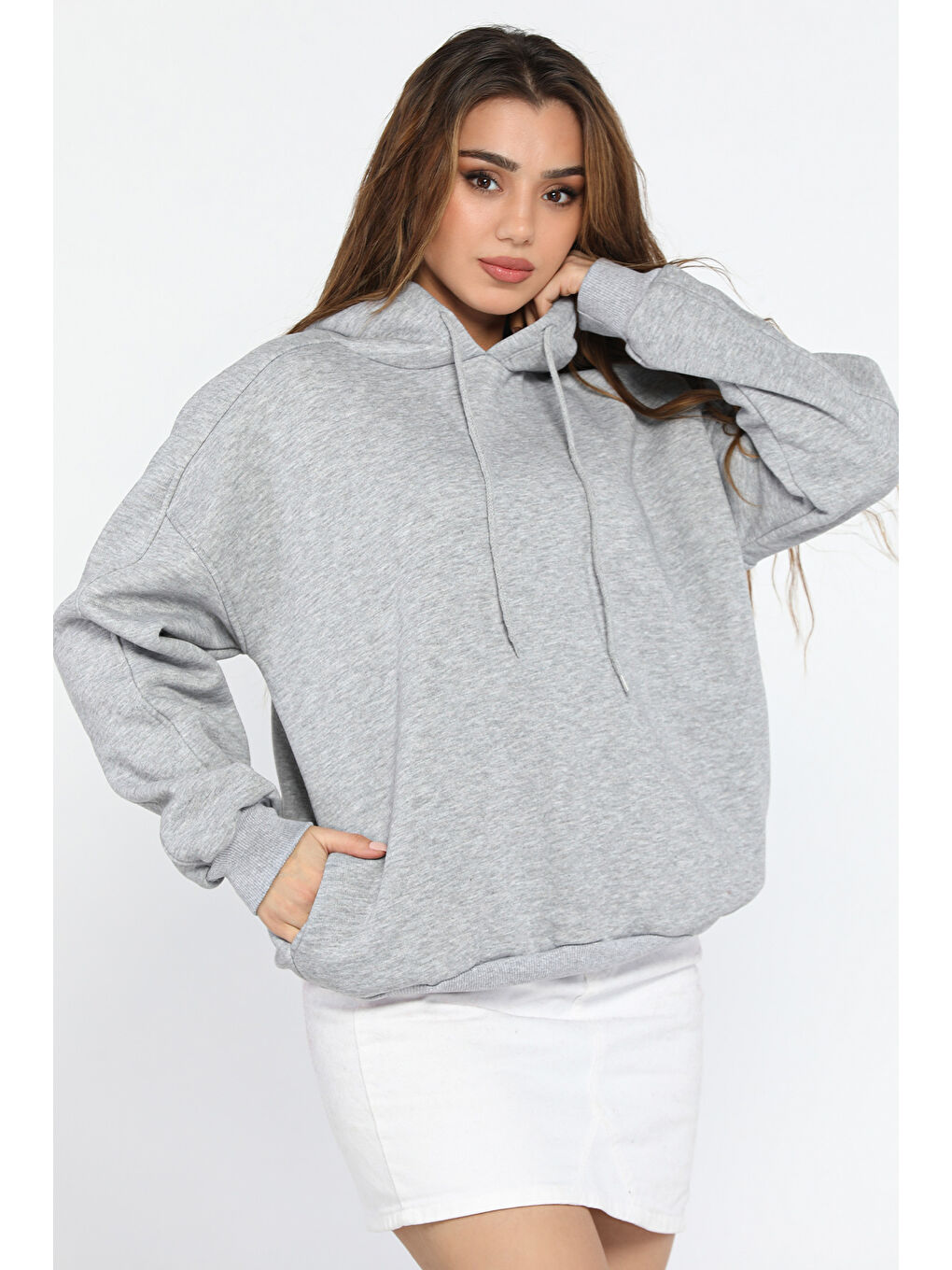 GÜLSELİ Gri Kadın Kapüşonlu Üç İplik Şardonlu Oversize Sweatshirt