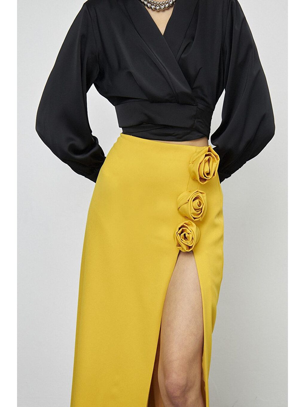 Sarı Gül Detaylı Tasarım Hardal Uzun Etek-5