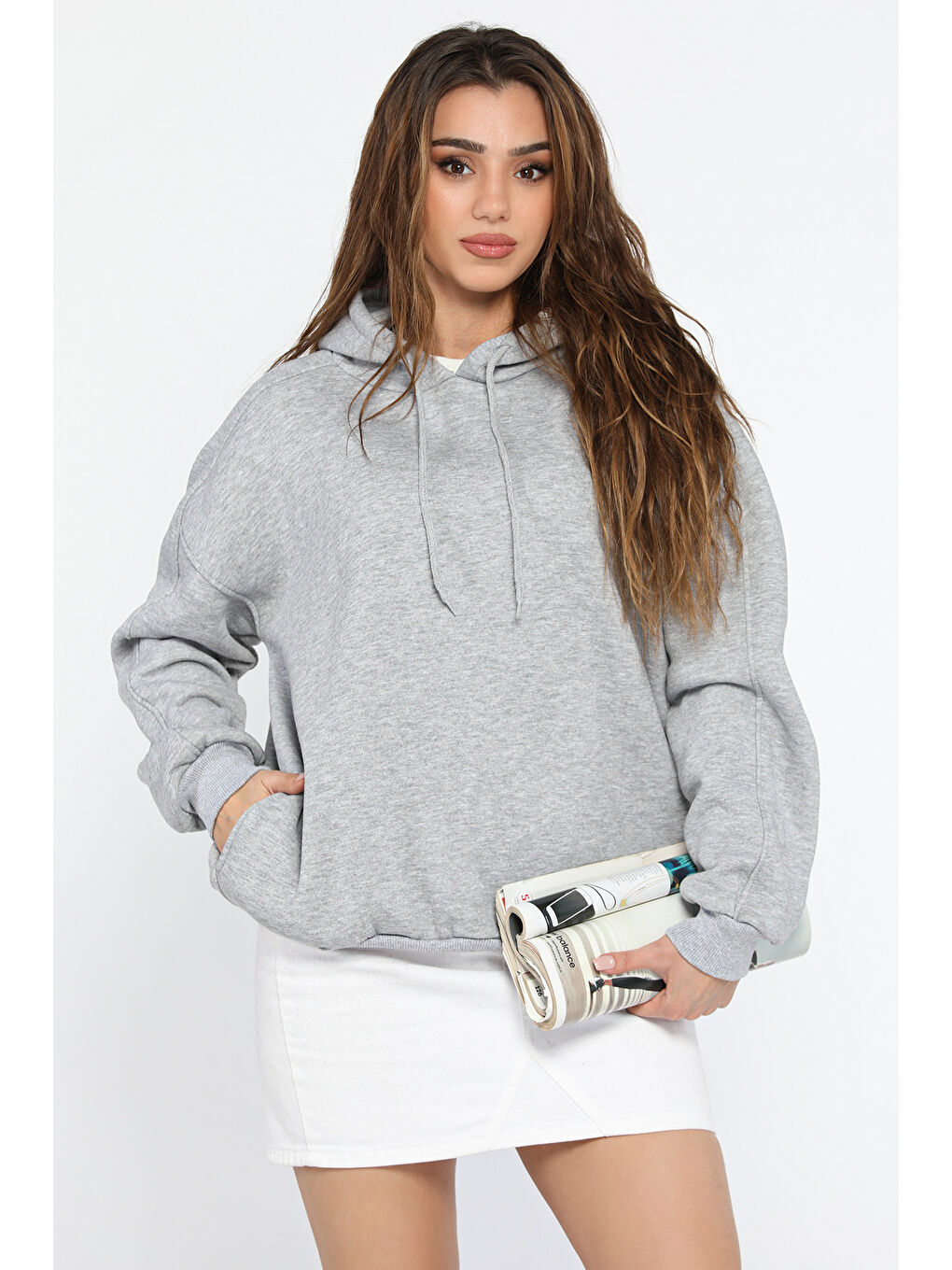 GÜLSELİ Gri Kadın Kapüşonlu Üç İplik Şardonlu Oversize Sweatshirt - 1