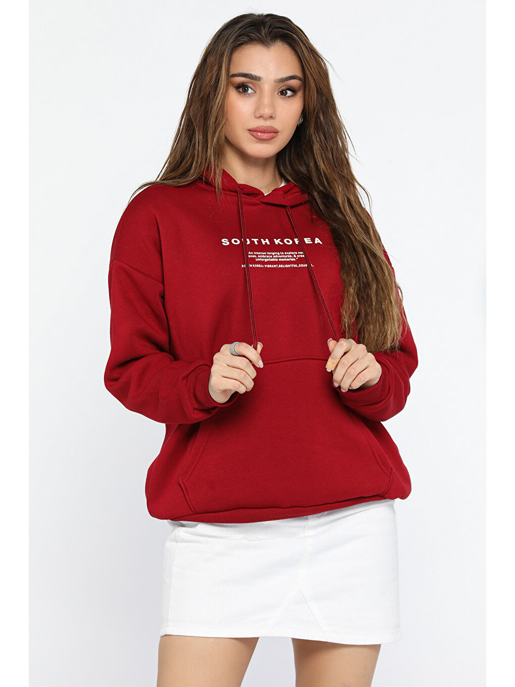 GÜLSELİ Bordo Kapüşonlu Şardonlu Yazı Baskılı Kadın Sweatshirt - 1