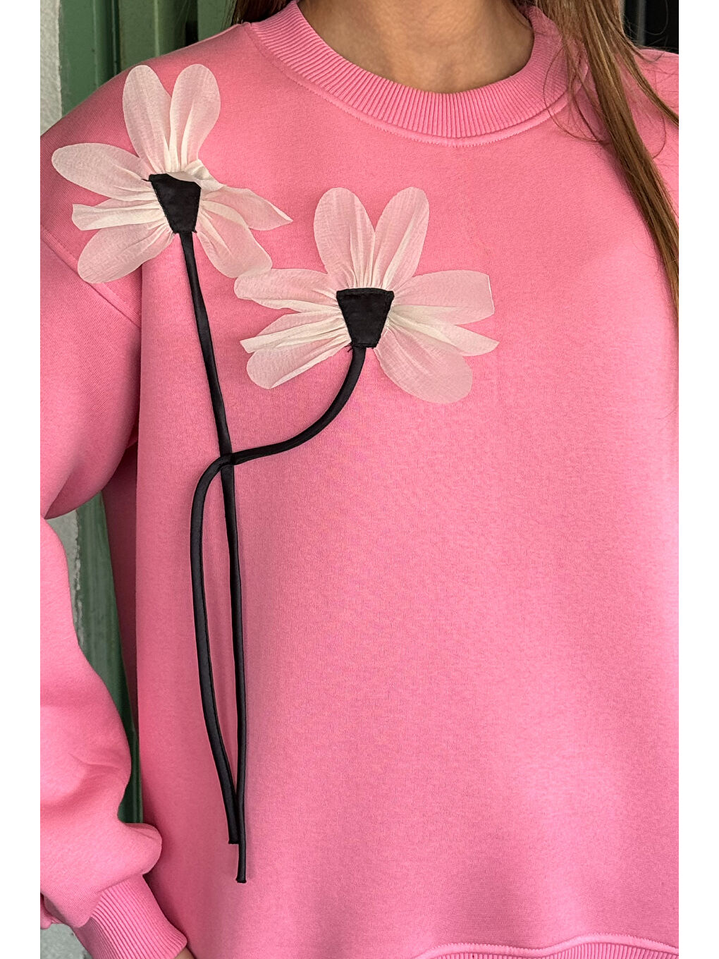 GÜLSELİ Pembe Gül Detaylı Şardonlu Sweatshirt - 2