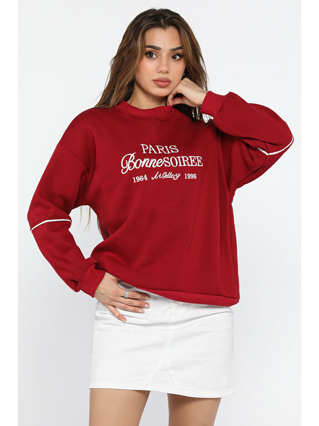 GÜLSELİ Bordo Kadın Üç İplik Şardonlu Nakışlı Sweatshirt - 1