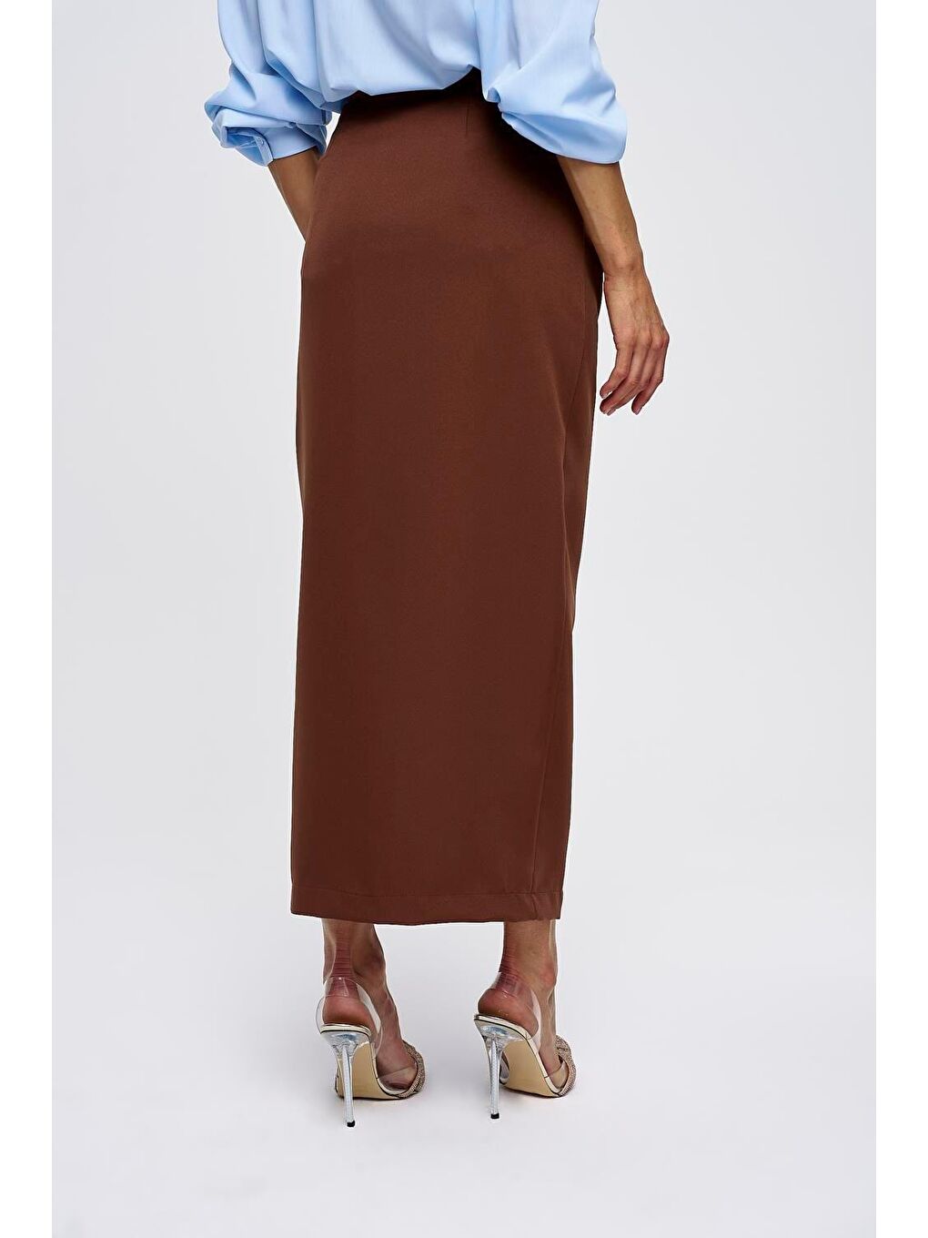 Bağlama Detaylı Yırtmaçlı Kahverengi Uzun Etek-4