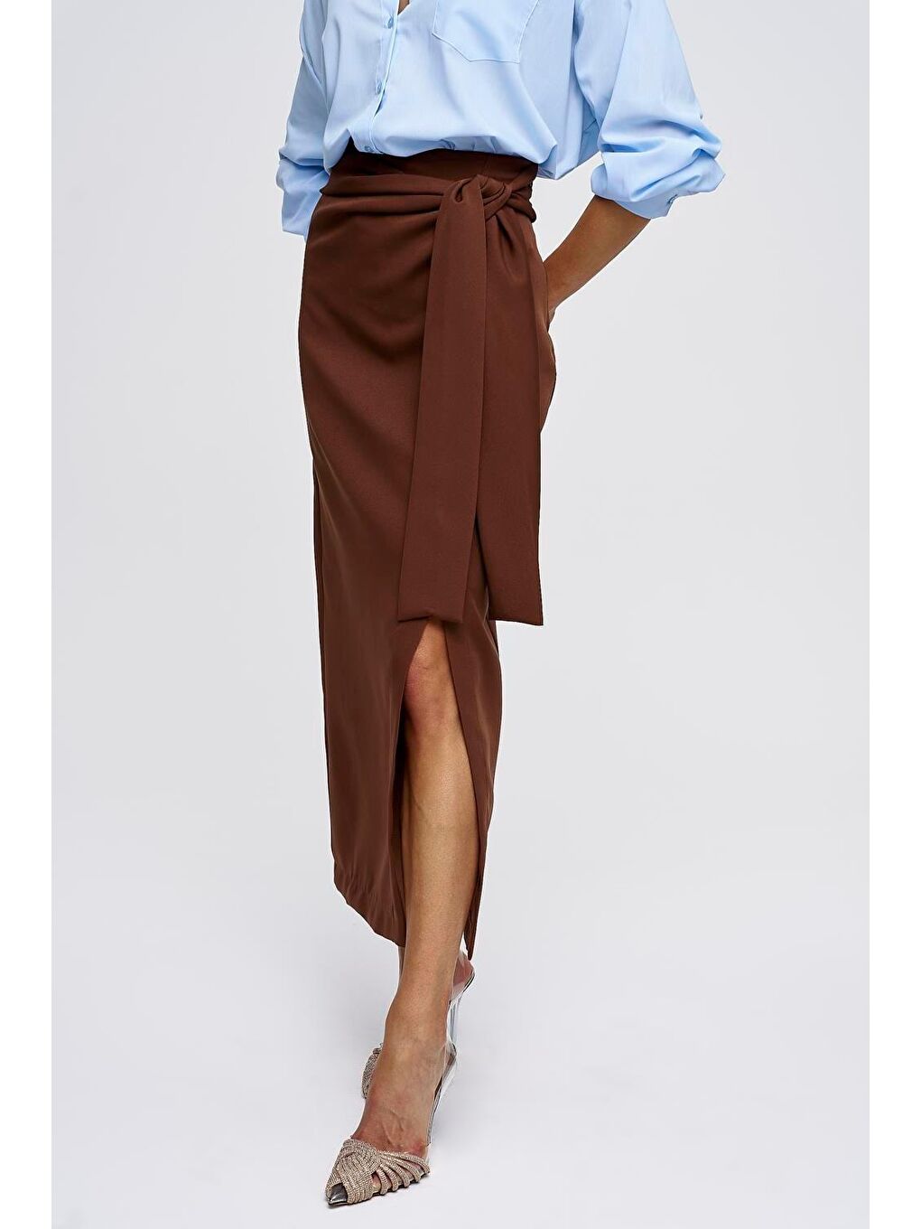 Bağlama Detaylı Yırtmaçlı Kahverengi Uzun Etek-5