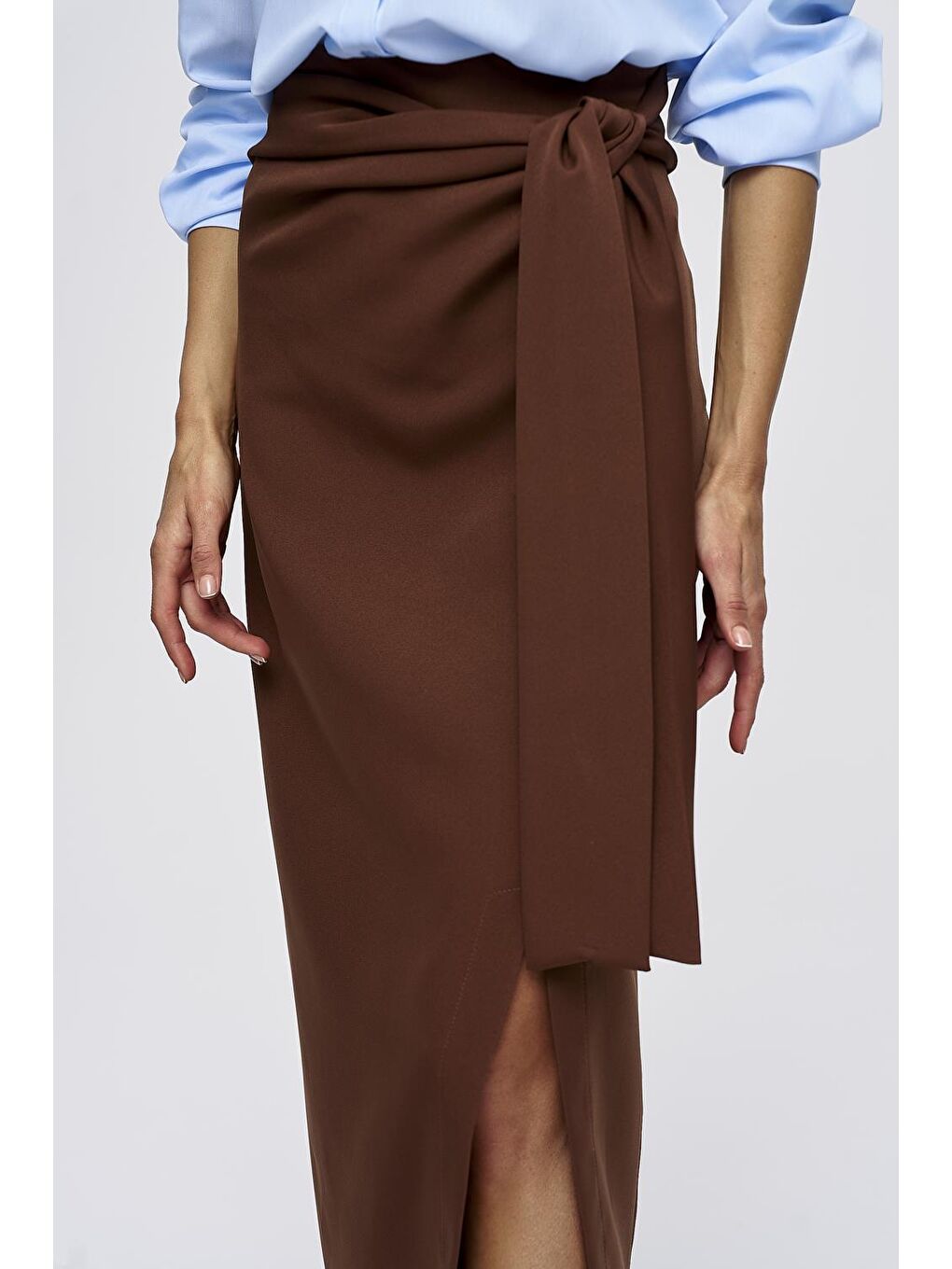 Bağlama Detaylı Yırtmaçlı Kahverengi Uzun Etek-6