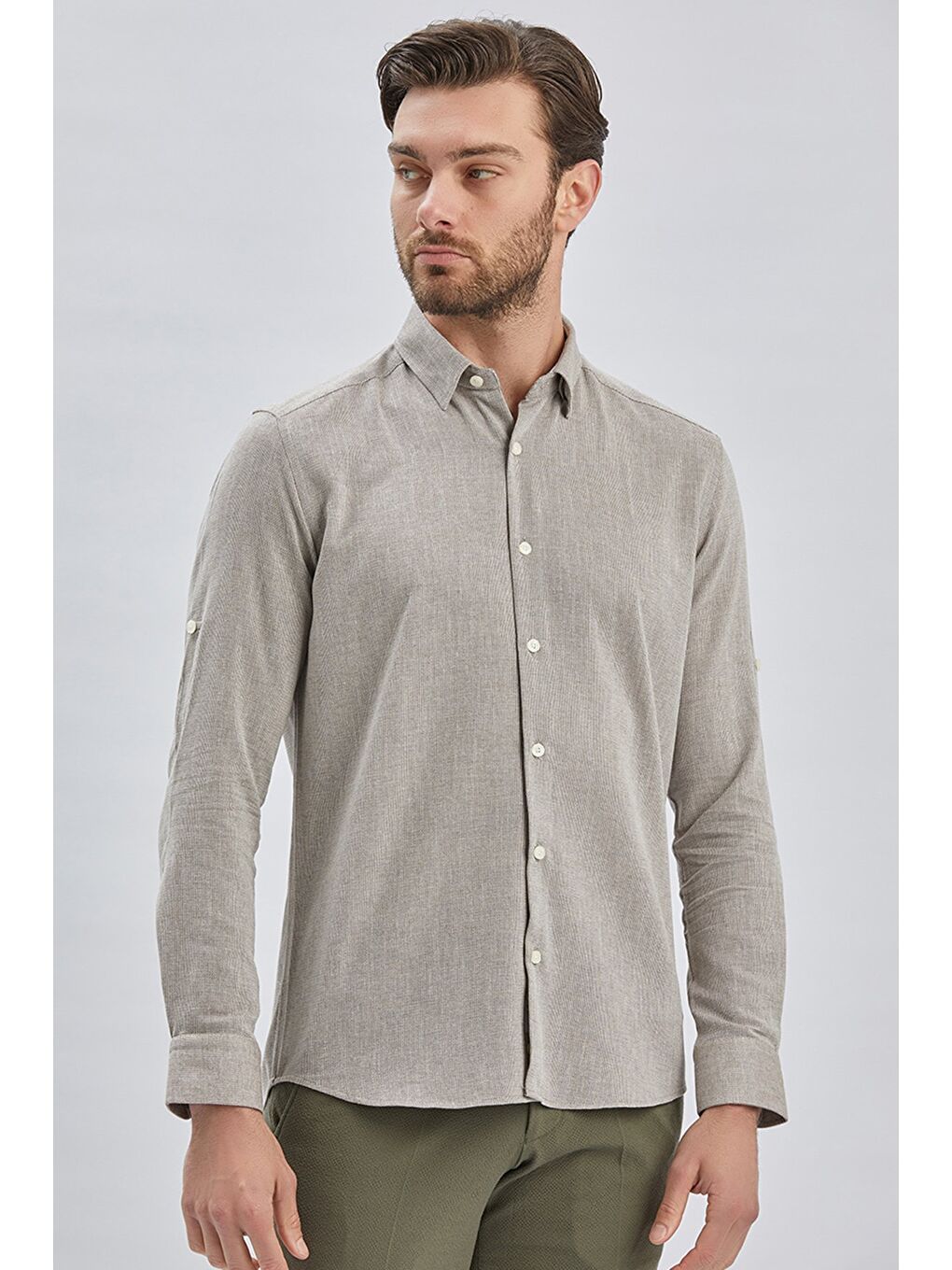 İMZA Koyu Kahverengi Kısalabilir Kollu Armürlü Biritli Yaka Pamuklu Casual Slim Fit Gömlek 1004240202