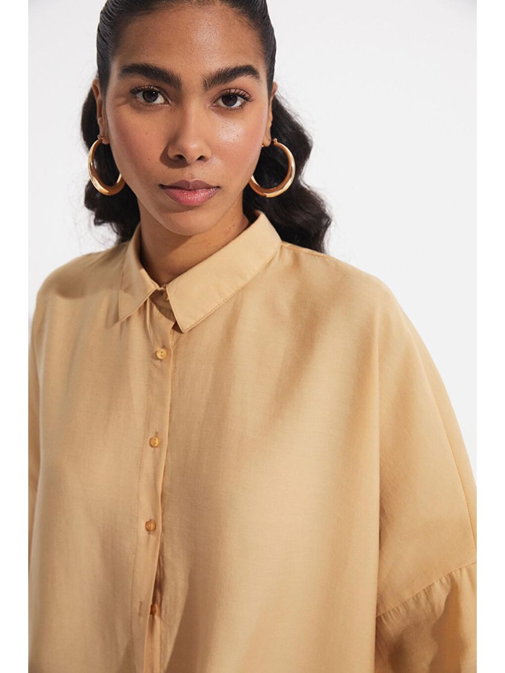 Kahverengi Kadın Exclusive Boyfriend Geniş Kalıp Karışımlı Gömlek-2