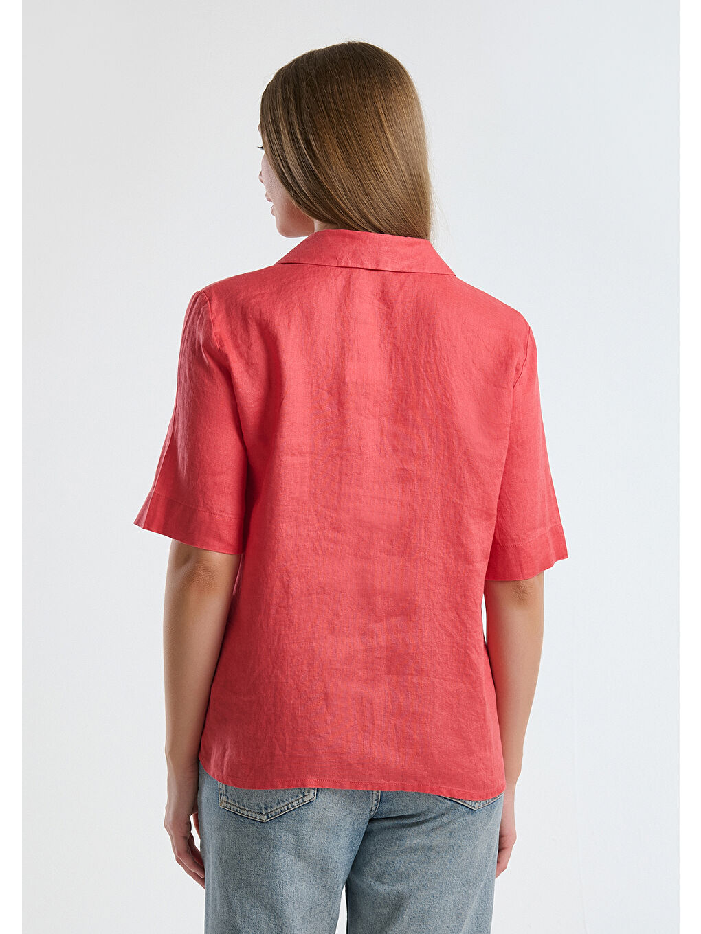 Kadın Mercan %100 Keten Relax Fit V Gömlek Yakalı Kısa Kollu Bluz-2