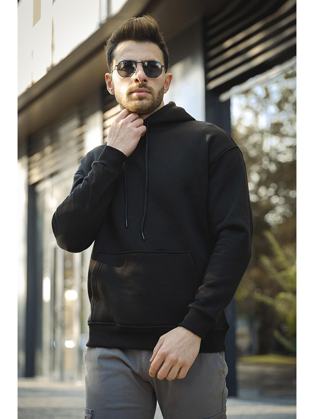 Siyah Joachim Üç İplik Şardonlu Yarı  Kapüşonlu Basic Erkek Sweatshirt