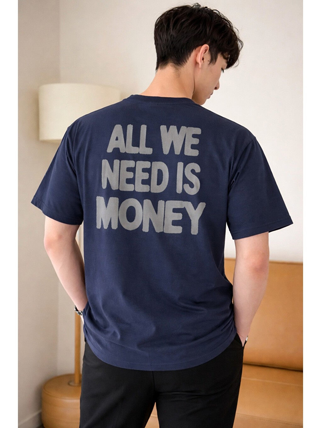 Lacivert Erkek Oversize Tişört Baskılı “all We Need Is Money” Yazılı Basic Streetwear Tişört