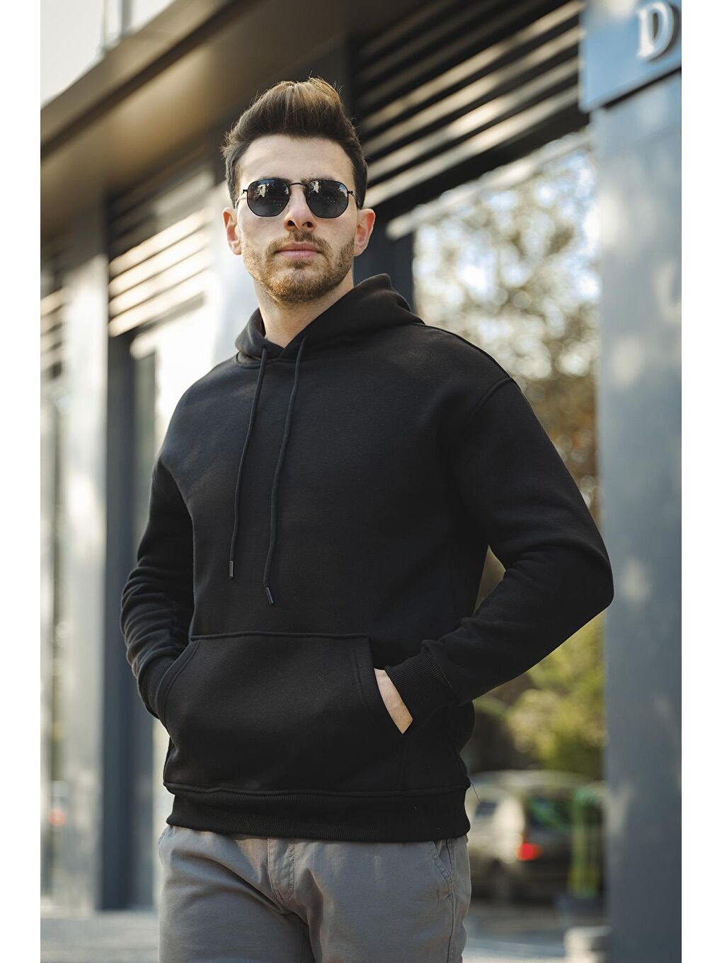 Siyah Joachim Üç İplik Şardonlu Yarı  Kapüşonlu Basic Erkek Sweatshirt-1