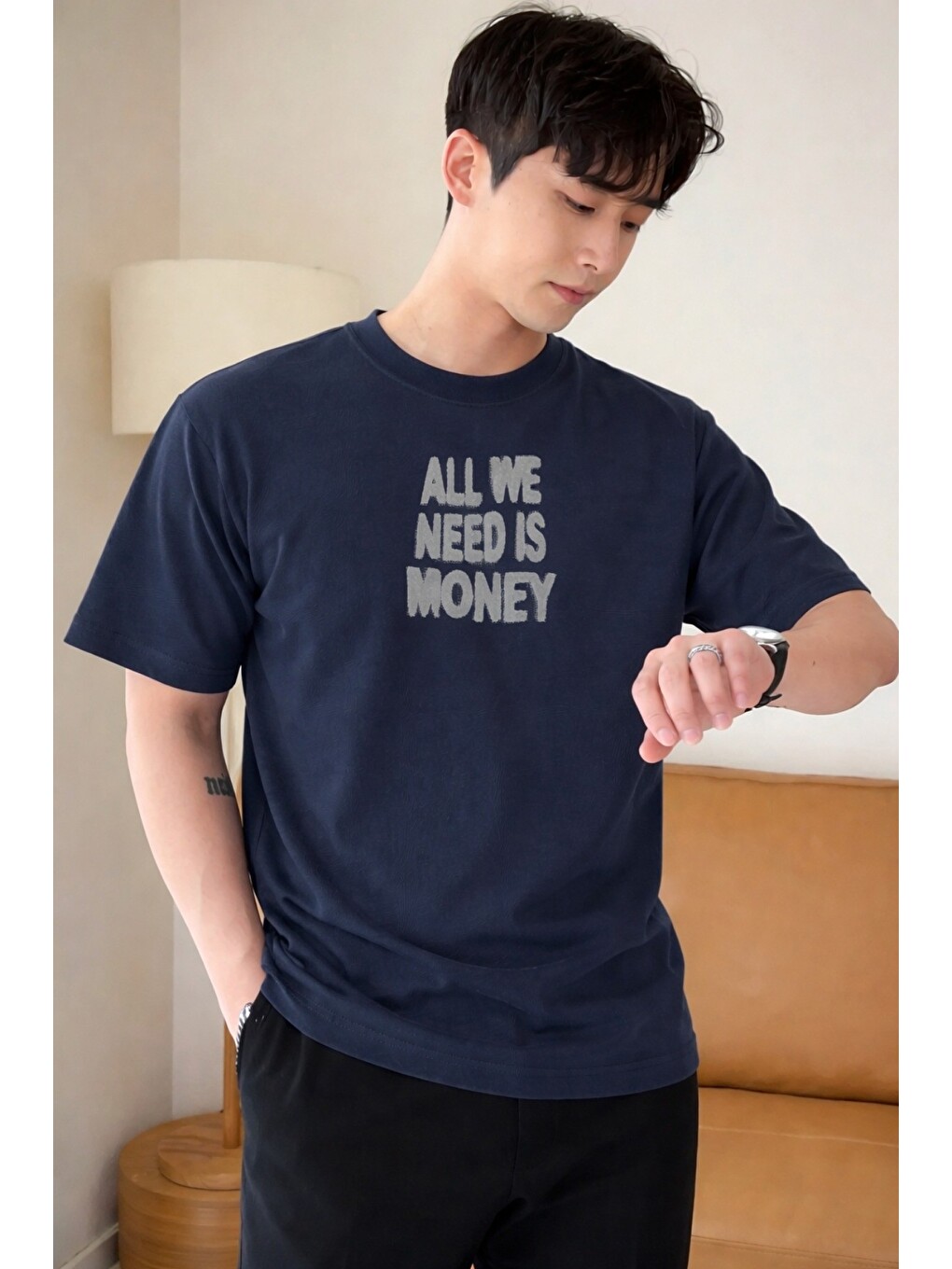 Lacivert Erkek Oversize Tişört Baskılı “all We Need Is Money” Yazılı Basic Streetwear Tişört-1