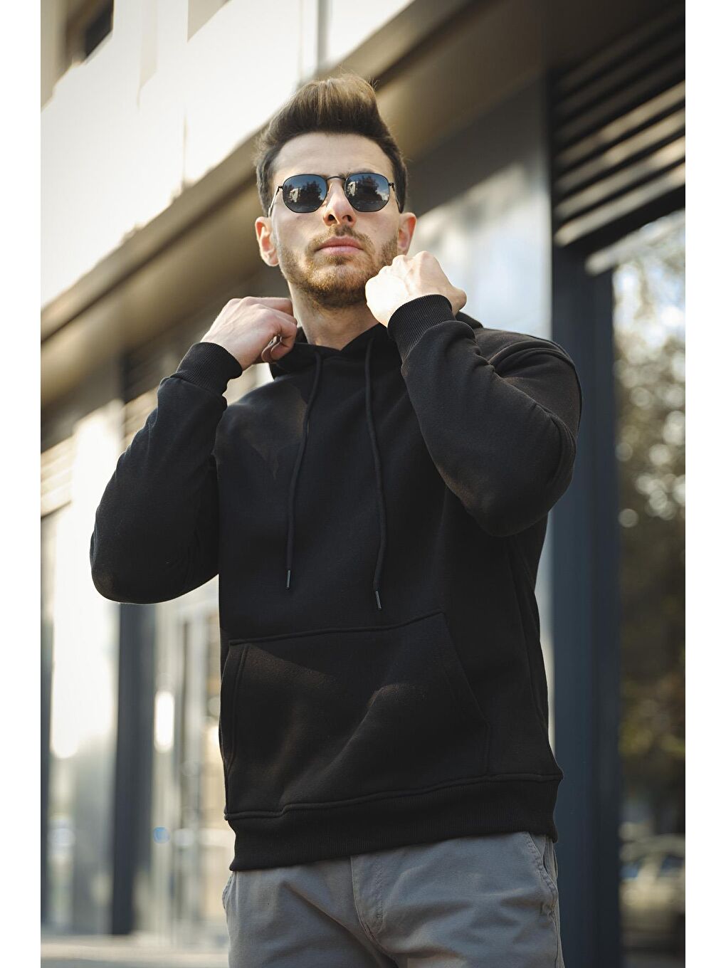 Siyah Joachim Üç İplik Şardonlu Yarı  Kapüşonlu Basic Erkek Sweatshirt-2
