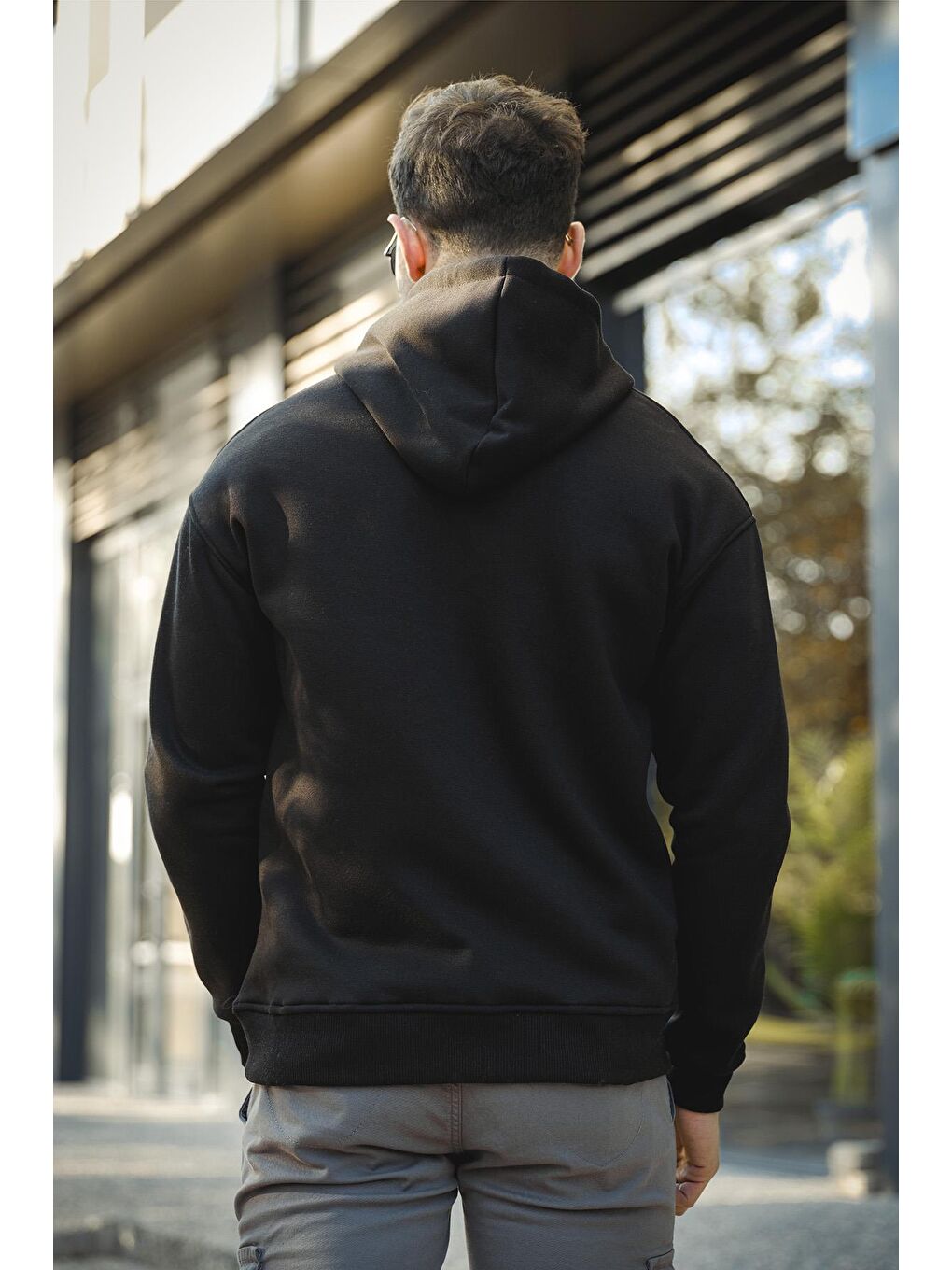 Siyah Joachim Üç İplik Şardonlu Yarı  Kapüşonlu Basic Erkek Sweatshirt-3