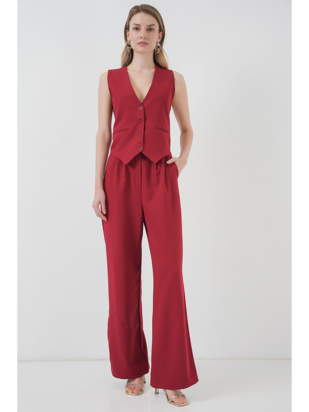 6709 Kadın Yelek Pantolon İkili Takım - Bordo