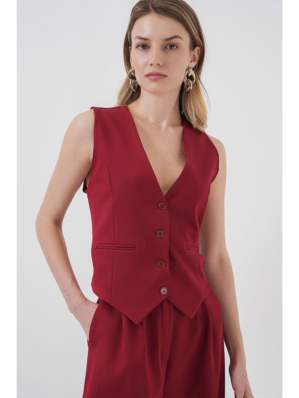 6709 Kadın Yelek Pantolon İkili Takım - Bordo-1