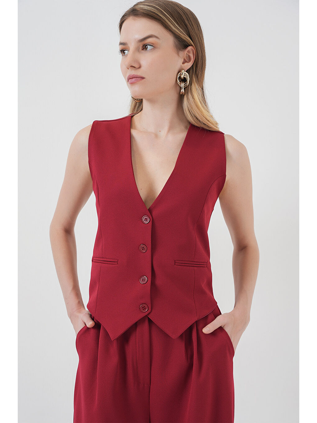 6709 Kadın Yelek Pantolon İkili Takım - Bordo-3