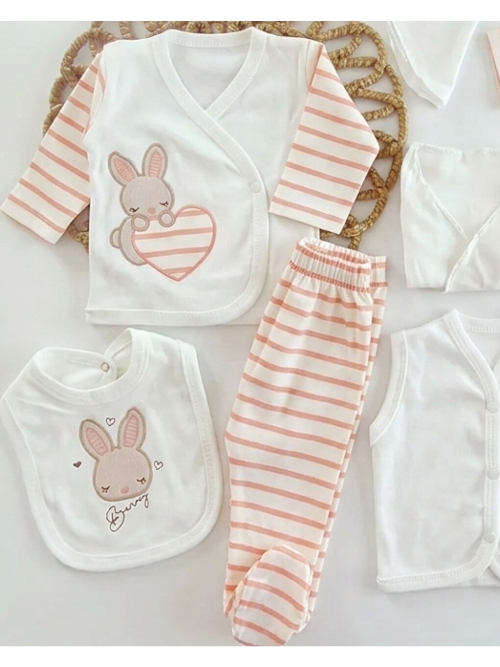 Pembe Bunny Kalp Temalı Çizgili 10 Parça Bebek Hastane Çıkışı Zıbın Seti-3