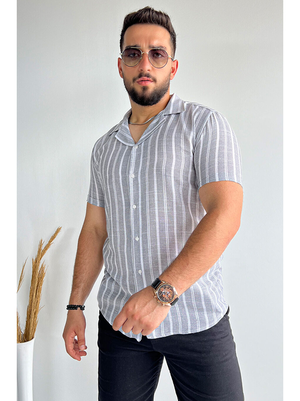 Mishar İtalia Gri Slim Fit Desenli Keten Gömlek