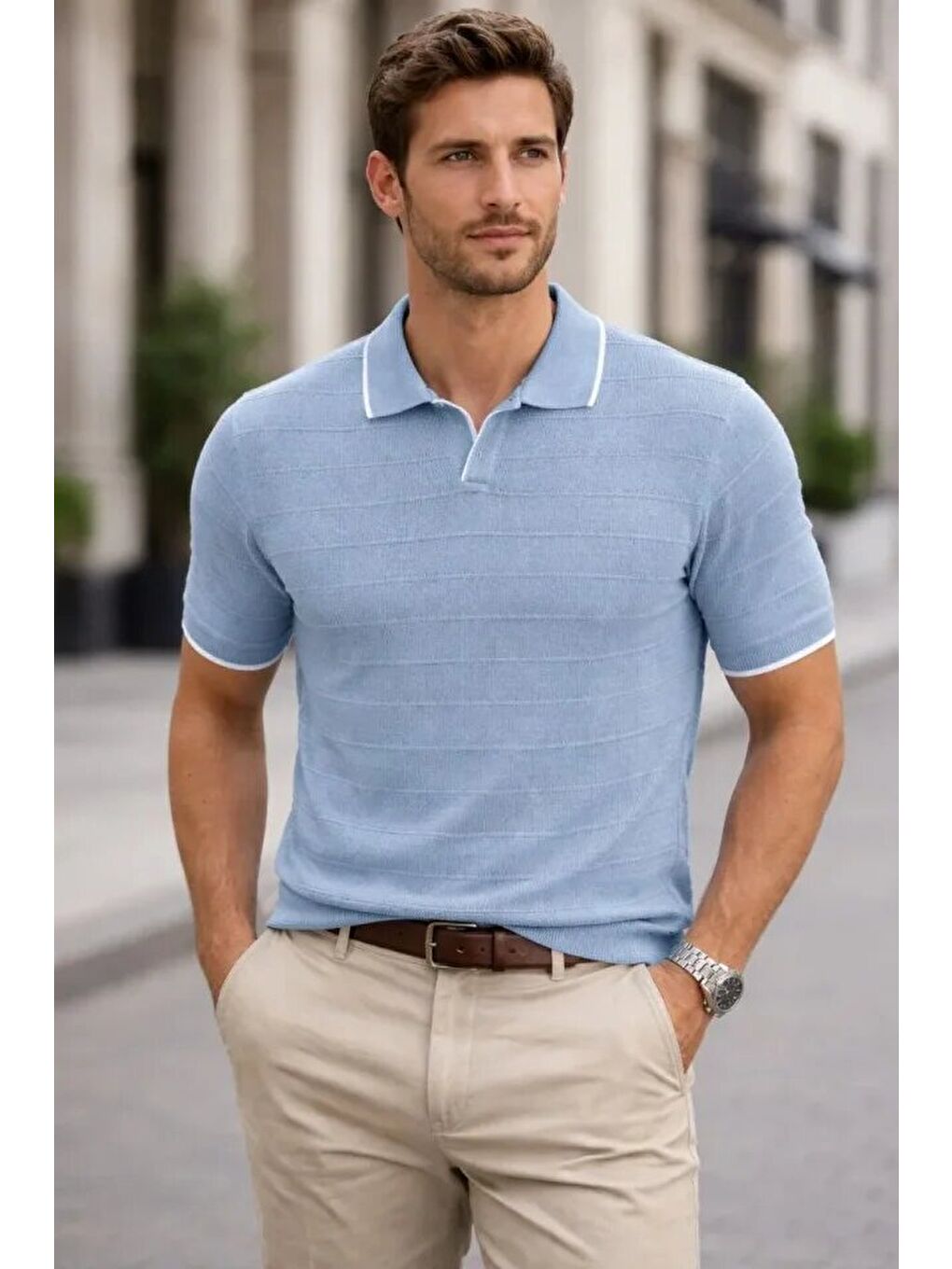 Mavi Erkek Triko Kumaş Yakalı Düğmesiz Açık Yaka Fitilli Kısa Kollu Regular Fit Tişört