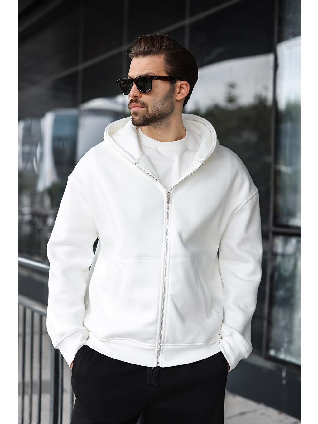 Ekru Fermuarlı Kapüşonlu Erkek Hırka E7174