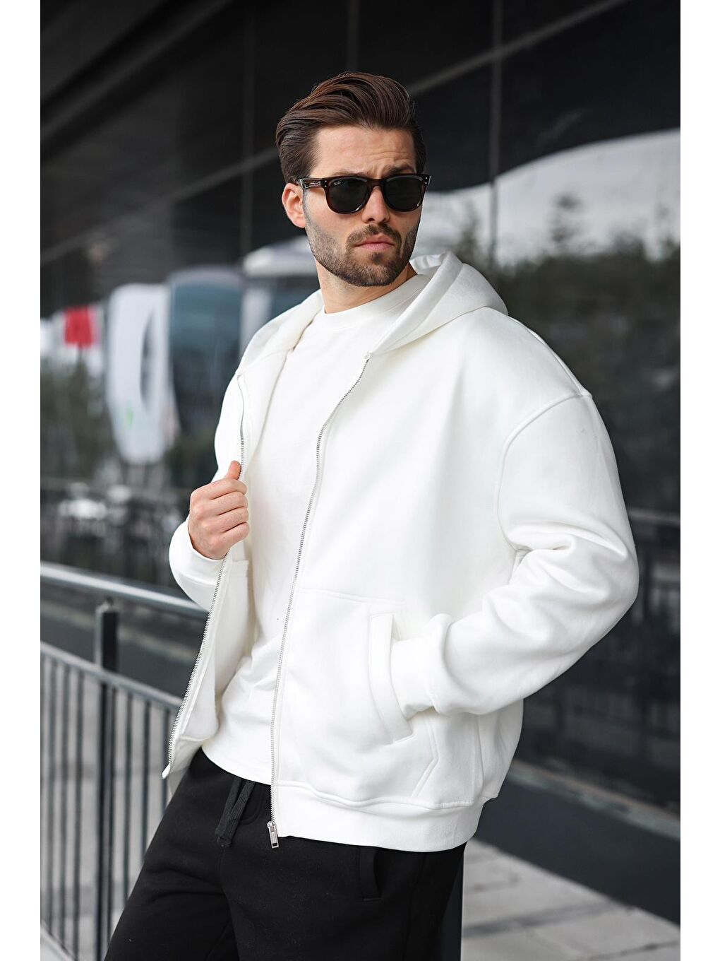 Ekru Fermuarlı Kapüşonlu Erkek Hırka E7174-2