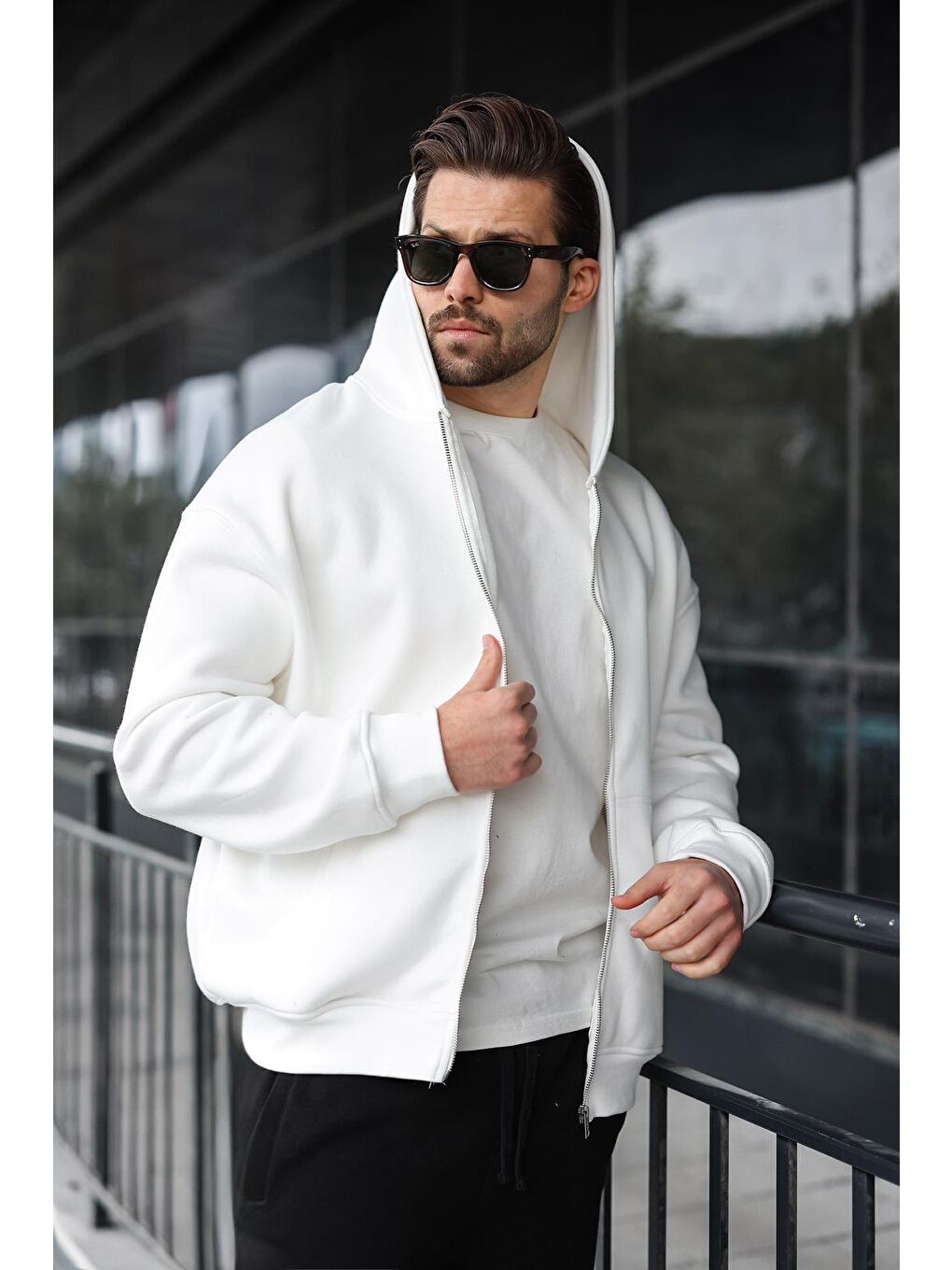 Ekru Fermuarlı Kapüşonlu Erkek Hırka E7174-3