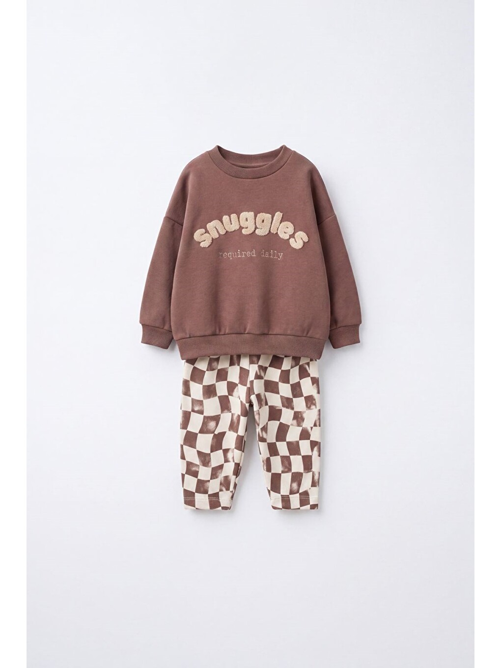 Çocuk Kahverengi Sweatshirt Ve Dama Desenli Pantolon Takımı