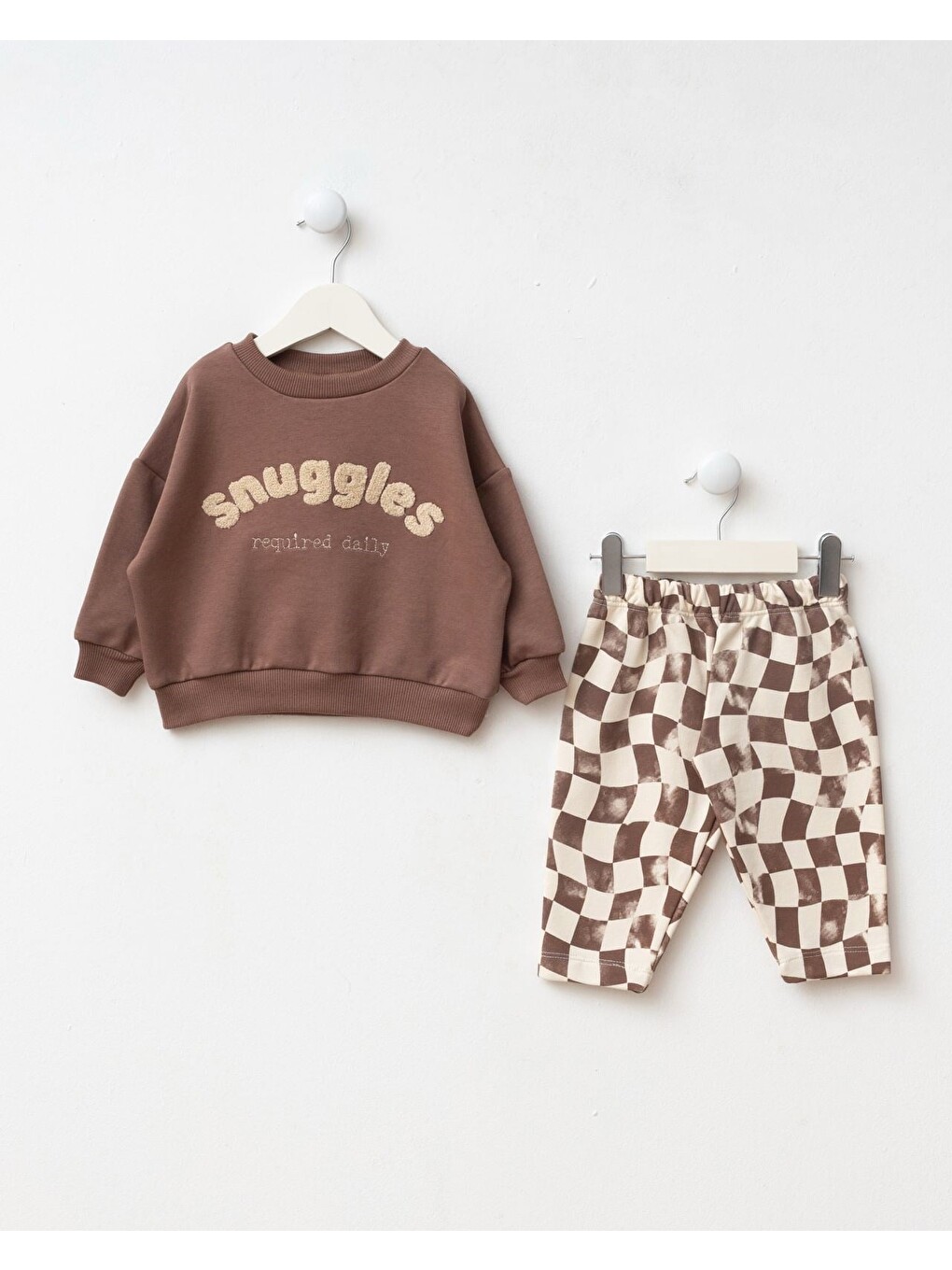 Çocuk Kahverengi Sweatshirt Ve Dama Desenli Pantolon Takımı-1
