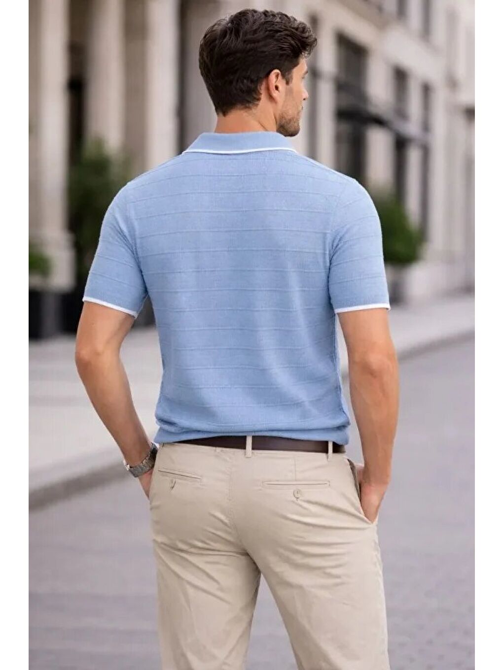 Mavi Erkek Triko Kumaş Yakalı Düğmesiz Açık Yaka Fitilli Kısa Kollu Regular Fit Tişört-1