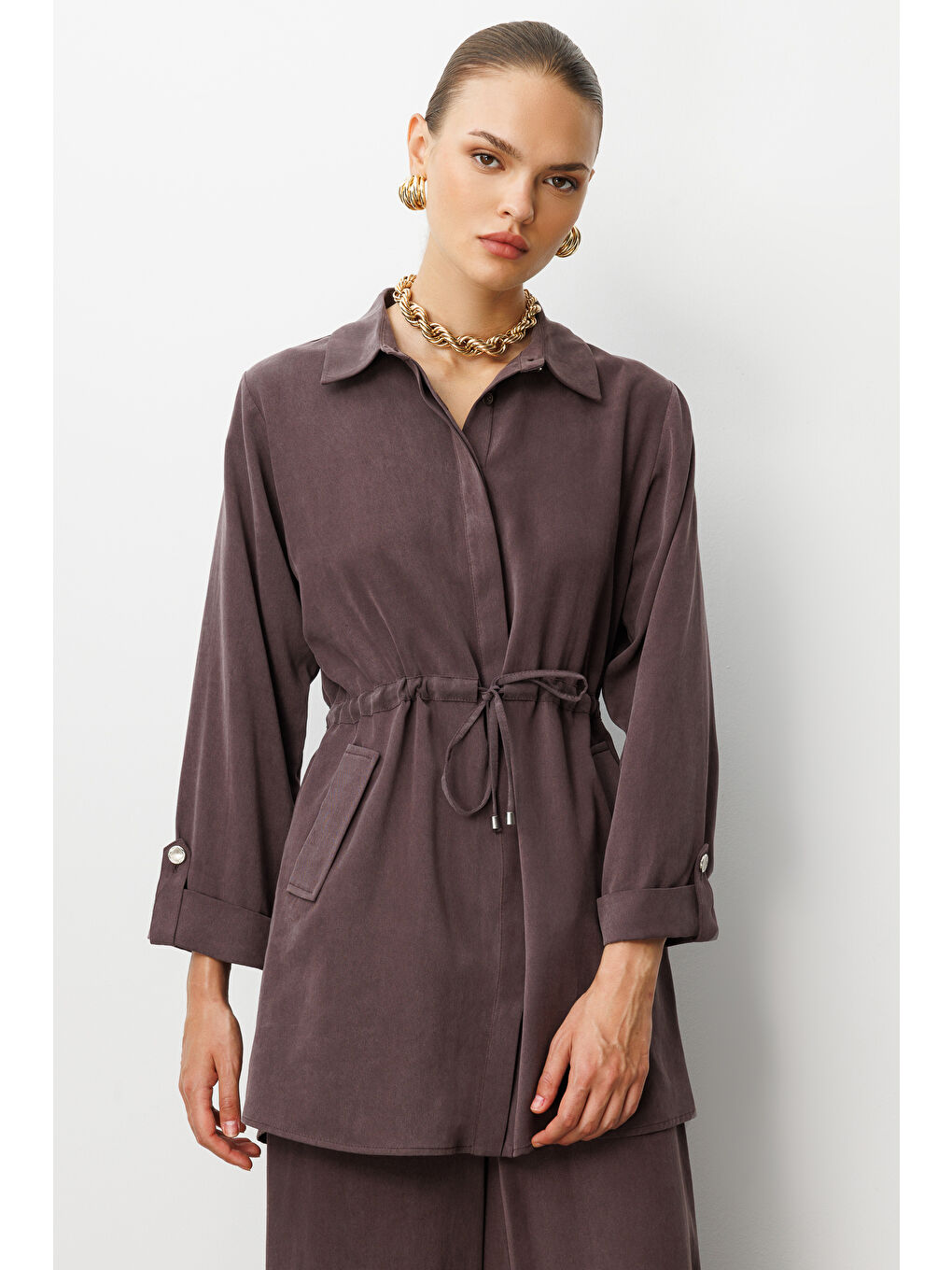 Beli Büzgülü Kahverengi Cupro Tunik-1